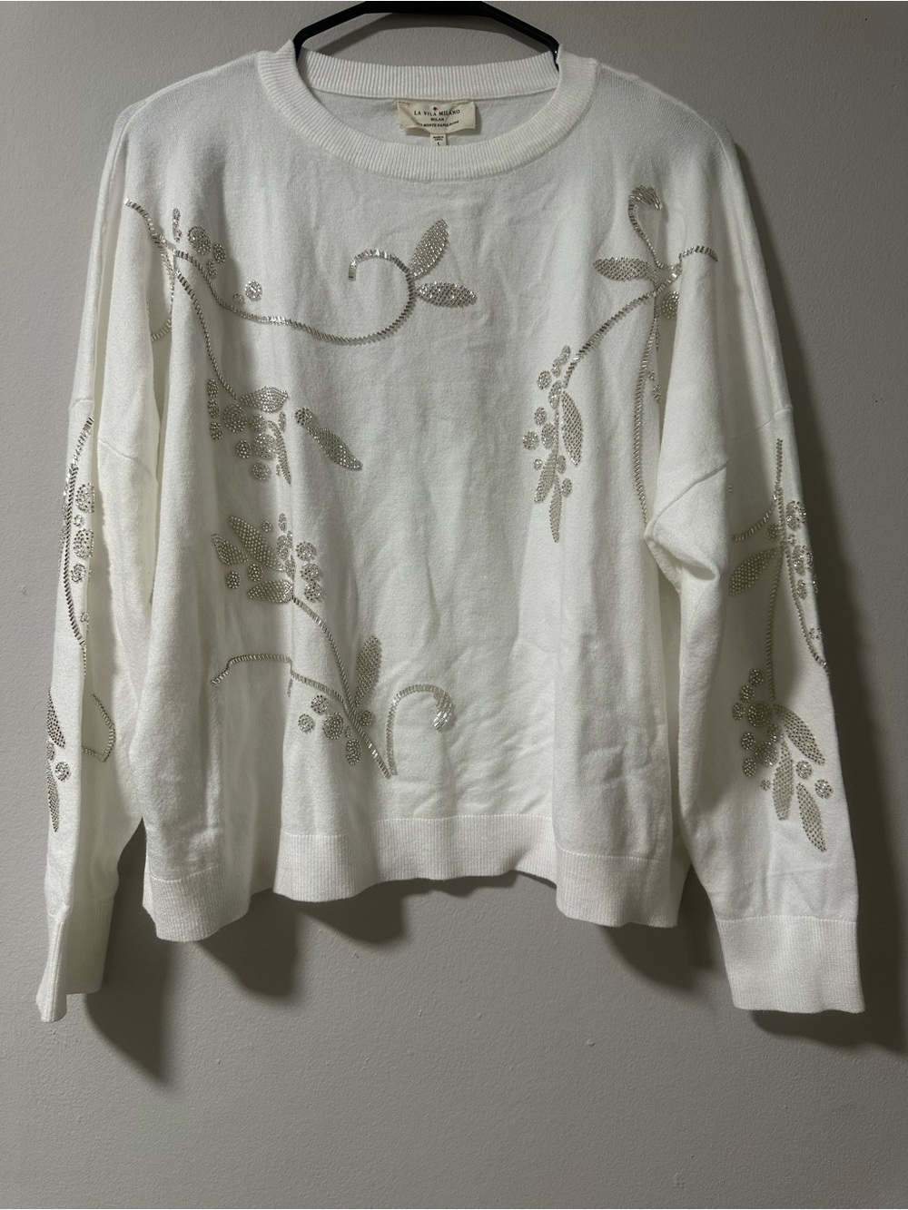 La Vila Milano White Crewneck Sweater with Silver Crystal Motif